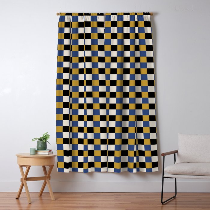 Checkered Multicolor Pattern XV Black Yellow Navy Blue Window Curtain Gallery Image 1