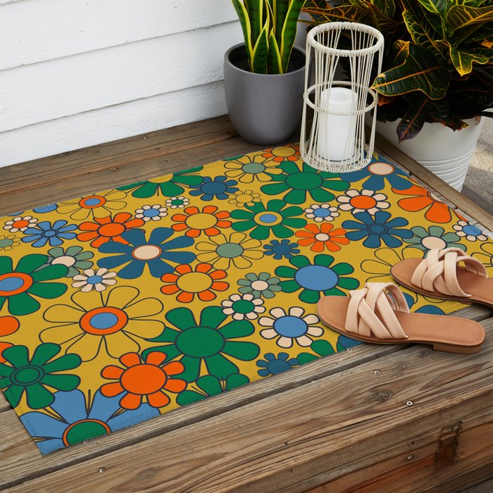 Retro Garden Flowers Groovy 60s 70s Multicolor Floral Pattern on Mustard Outdoor Rug Gallery Image 2