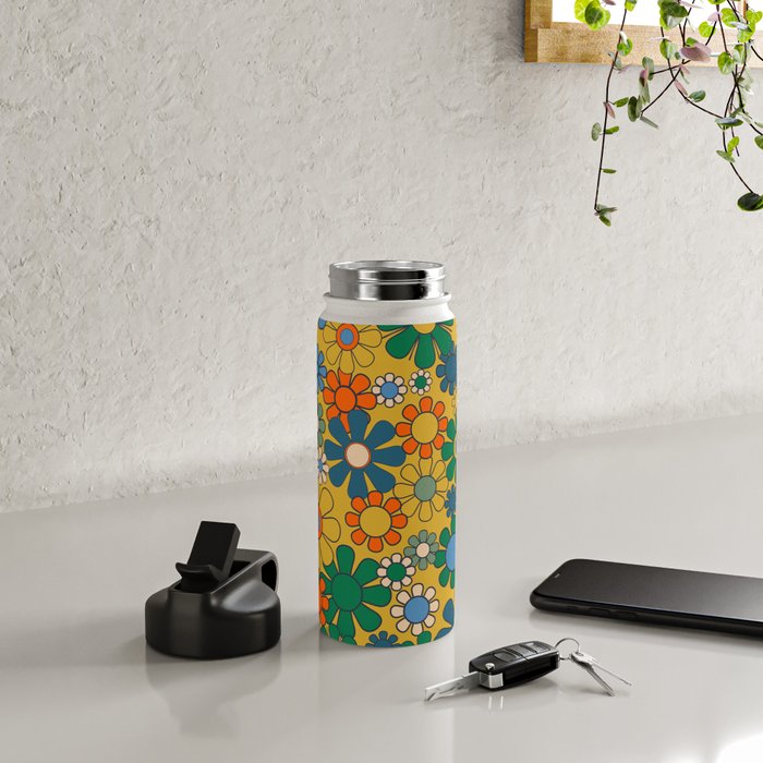 Retro Garden Flowers Groovy 60s 70s Multicolor Floral Pattern on Mustard Water Bottle Gallery Image 4