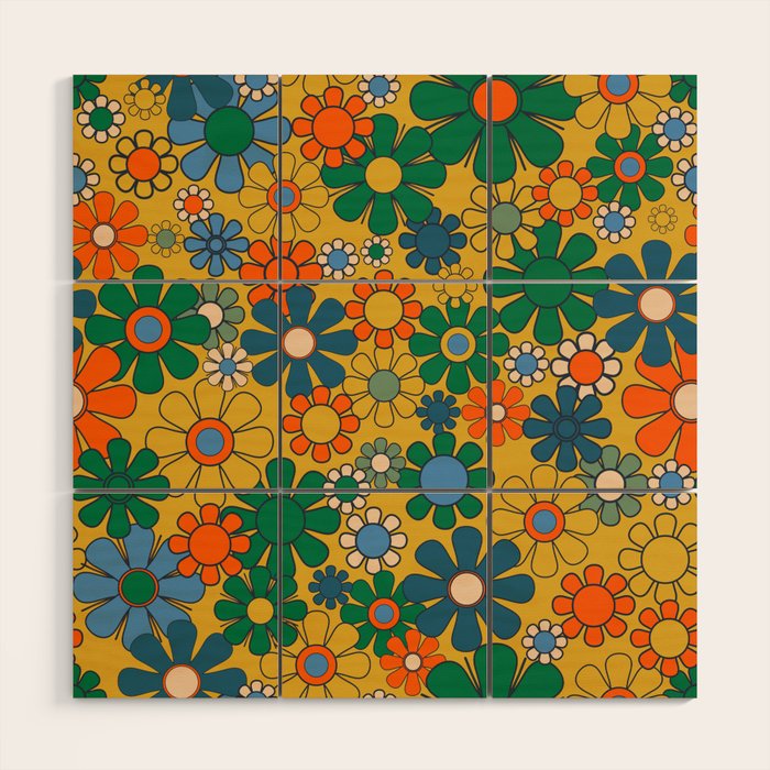 Retro Garden Flowers Groovy 60s 70s Multicolor Floral Pattern on Mustard Wood Wall Art Gallery Image 1