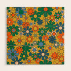 Retro Garden Flowers Groovy 60s 70s Multicolor Floral Pattern on Mustard Wood Wall Art Gallery Image 1