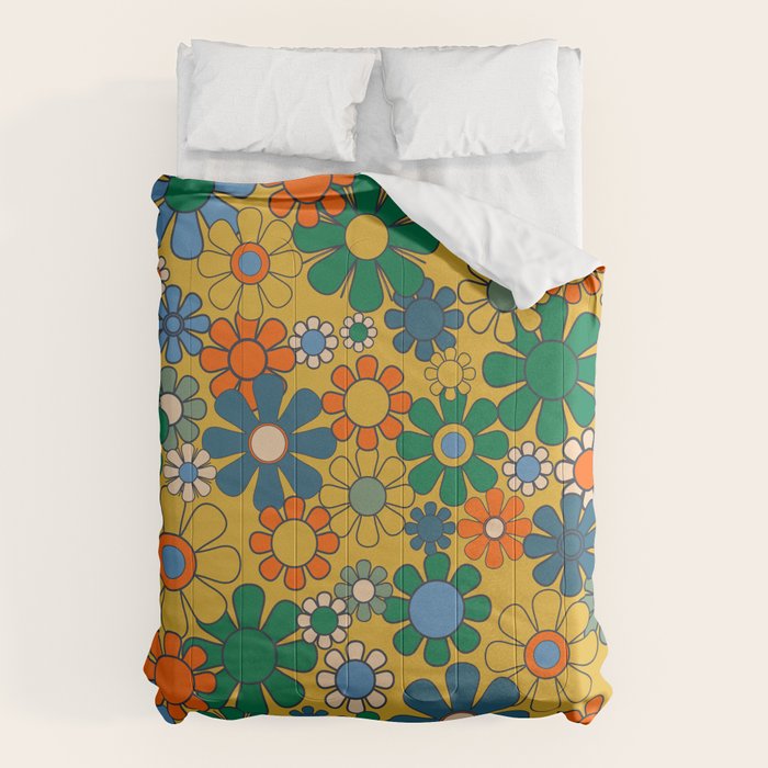 Retro Garden Flowers Groovy 60s 70s Multicolor Floral Pattern on Mustard Comforter Gallery Image 1