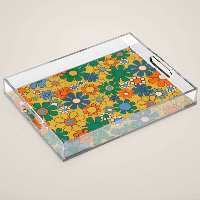 Retro Garden Flowers Groovy 60s 70s Multicolor Floral Pattern on Mustard Acrylic Tray Gallery Image 1