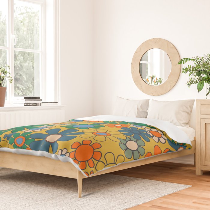 Retro Garden Flowers Groovy 60s 70s Multicolor Floral Pattern on Mustard Duvet Cover Gallery Image 2