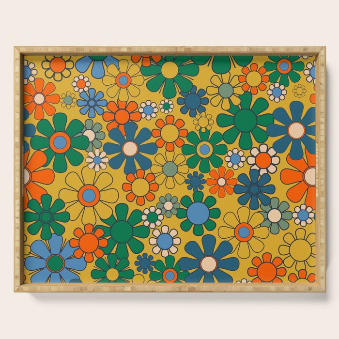 Retro Garden Flowers Groovy 60s 70s Multicolor Floral Pattern on Mustard Serving Tray Gallery Image 1