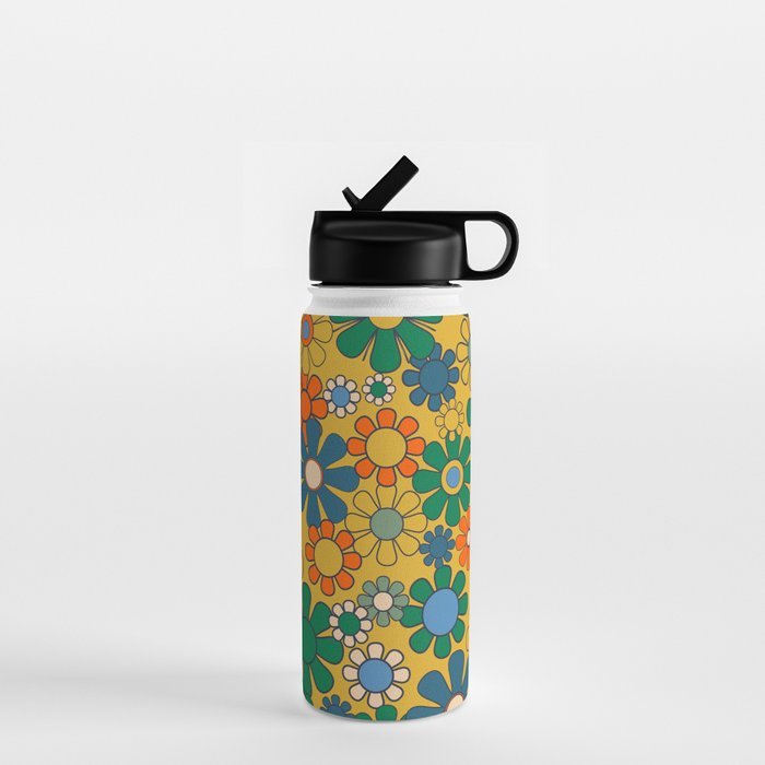 Retro Garden Flowers Groovy 60s 70s Multicolor Floral Pattern on Mustard Water Bottle Gallery Image 1