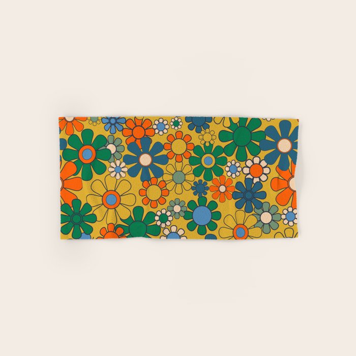 Retro Garden Flowers Groovy 60s 70s Multicolor Floral Pattern on Mustard Bath Towel Gallery Image 1