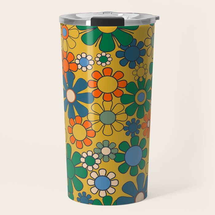 Retro Garden Flowers Groovy 60s 70s Multicolor Floral Pattern on Mustard Travel Mug Gallery Image 1