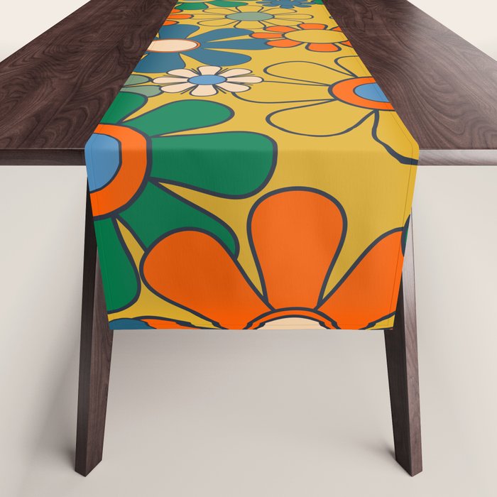 Retro Garden Flowers Groovy 60s 70s Multicolor Floral Pattern on Mustard Table Runner Gallery Image 1
