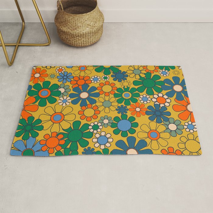 Retro Garden Flowers Groovy 60s 70s Multicolor Floral Pattern on Mustard Rug Gallery Image 1