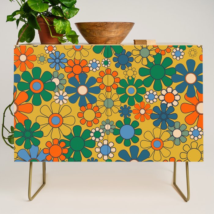 Retro Garden Flowers Groovy 60s 70s Multicolor Floral Pattern on Mustard Credenza Gallery Image 1