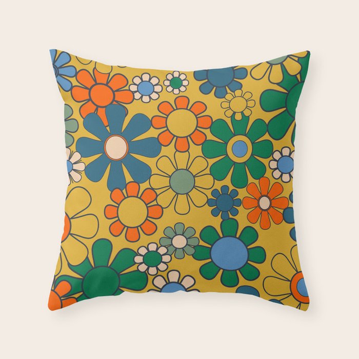 Retro Garden Flowers Groovy 60s 70s Multicolor Floral Pattern on Mustard Throw Pillow Gallery Image 6