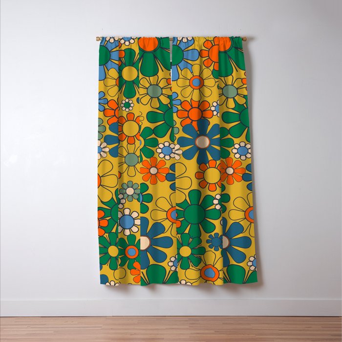 Retro Garden Flowers Groovy 60s 70s Multicolor Floral Pattern on Mustard Window Curtain Gallery Image 3