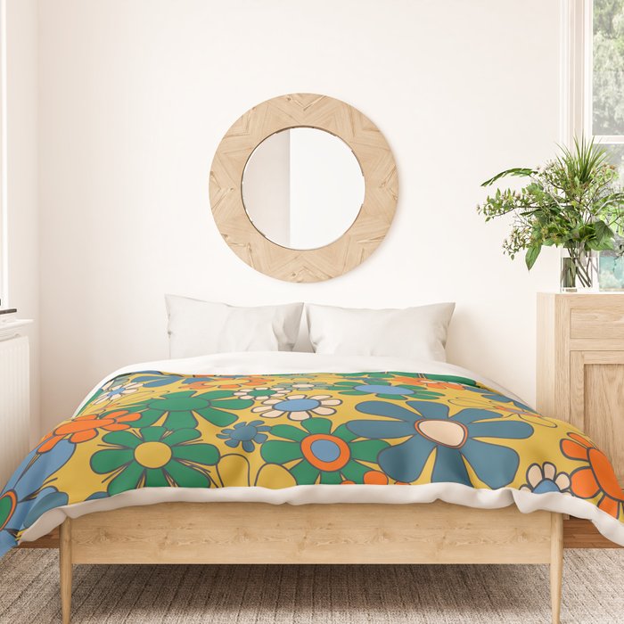 Retro Garden Flowers Groovy 60s 70s Multicolor Floral Pattern on Mustard Duvet Cover Gallery Image 3