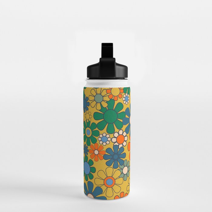 Retro Garden Flowers Groovy 60s 70s Multicolor Floral Pattern on Mustard Water Bottle Gallery Image 2