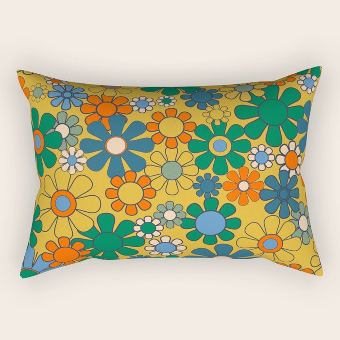 Retro Garden Flowers Groovy 60s 70s Multicolor Floral Pattern on Mustard Rectangular Pillow Gallery Image 2
