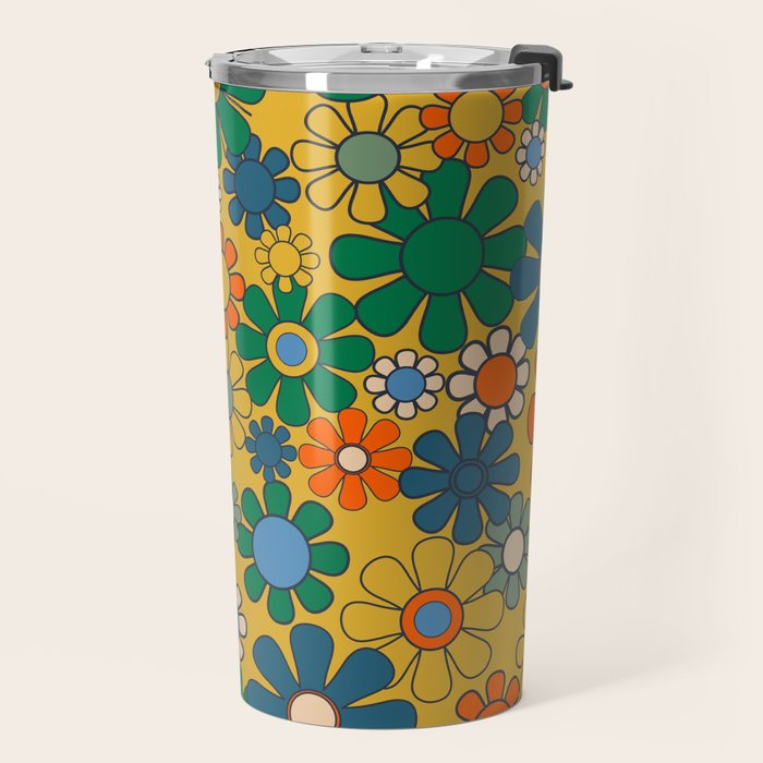 Retro Garden Flowers Groovy 60s 70s Multicolor Floral Pattern on Mustard Travel Mug Gallery Image 2