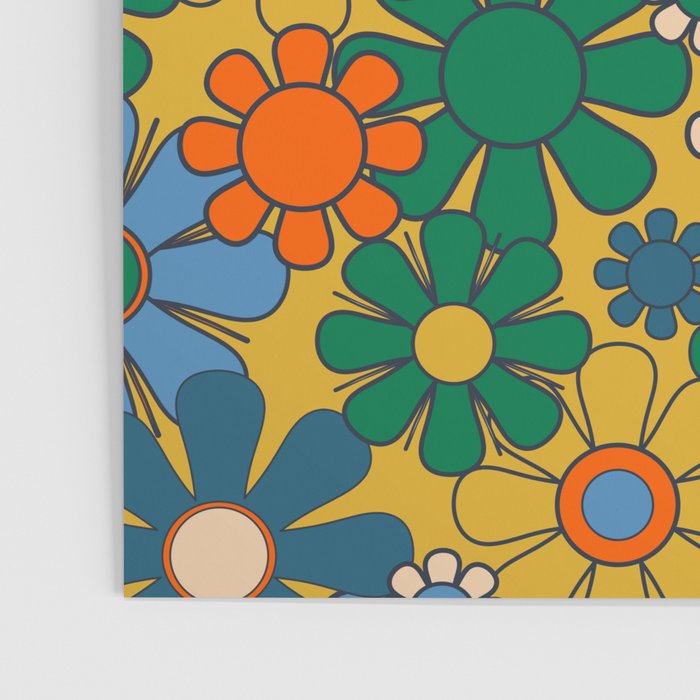 Retro Garden Flowers Groovy 60s 70s Multicolor Floral Pattern on Mustard Poster Gallery Image 3