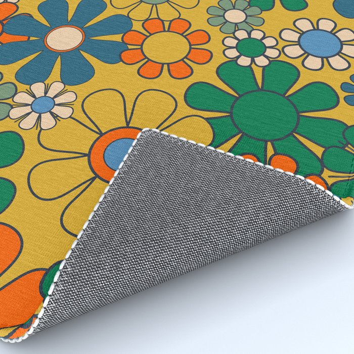Retro Garden Flowers Groovy 60s 70s Multicolor Floral Pattern on Mustard Rug Gallery Image 4