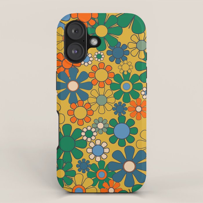 Retro Garden Flowers Groovy 60s 70s Multicolor Floral Pattern on Mustard iPhone Case Gallery Image 1