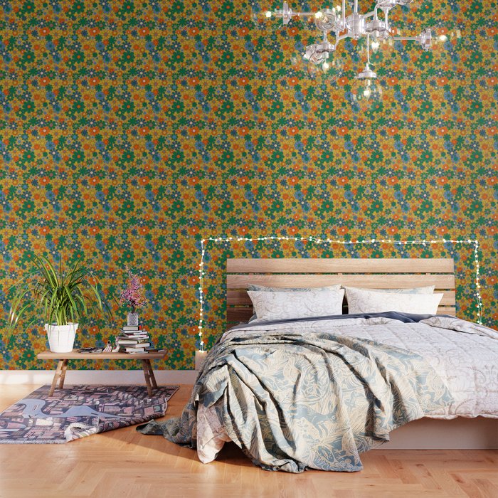 Retro Garden Flowers Groovy 60s 70s Multicolor Floral Pattern on Mustard Wallpaper Gallery Image 3