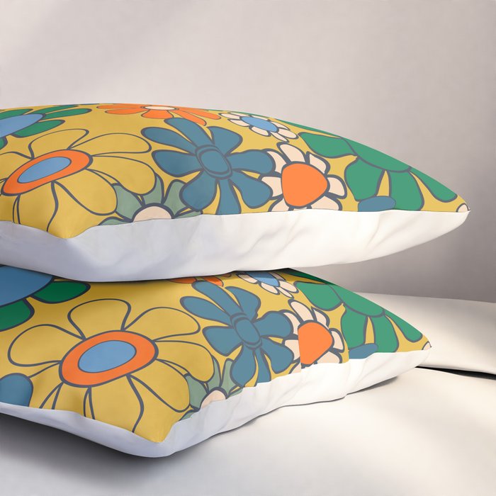 Retro Garden Flowers Groovy 60s 70s Multicolor Floral Pattern on Mustard Pillow Sham Gallery Image 3