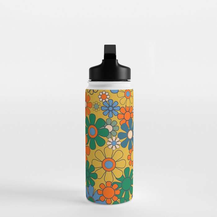 Retro Garden Flowers Groovy 60s 70s Multicolor Floral Pattern on Mustard Water Bottle Gallery Image 3