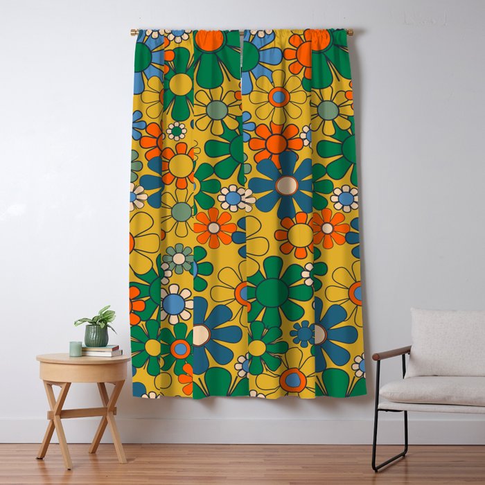 Retro Garden Flowers Groovy 60s 70s Multicolor Floral Pattern on Mustard Window Curtain Gallery Image 1