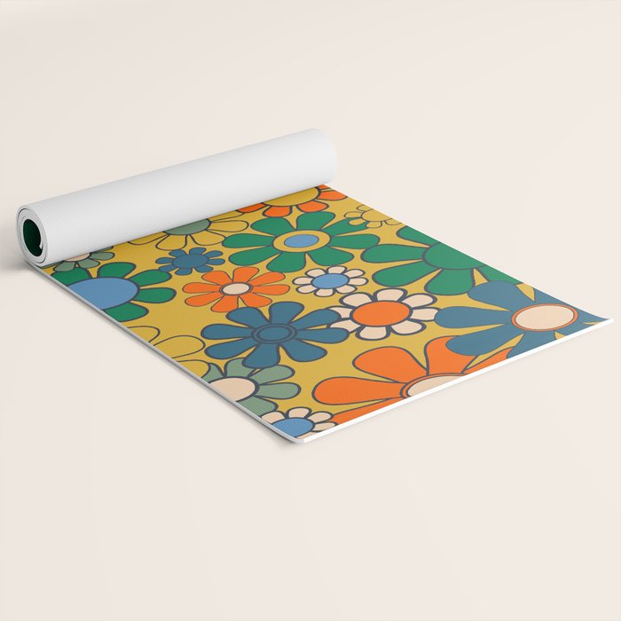Retro Garden Flowers Groovy 60s 70s Multicolor Floral Pattern on Mustard Yoga Mat Gallery Image 2