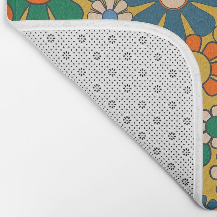 Retro Garden Flowers Groovy 60s 70s Multicolor Floral Pattern on Mustard Bath Mat Gallery Image 2