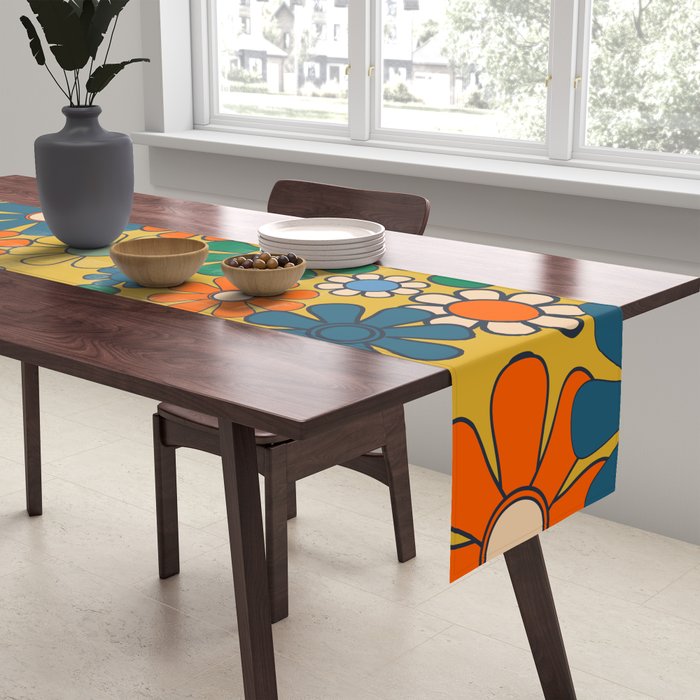 Retro Garden Flowers Groovy 60s 70s Multicolor Floral Pattern on Mustard Table Runner Gallery Image 2