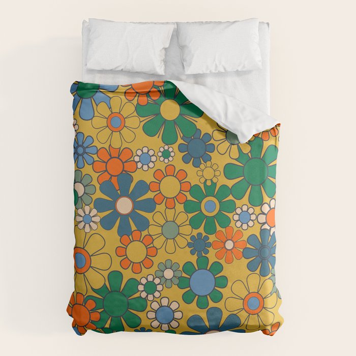Retro Garden Flowers Groovy 60s 70s Multicolor Floral Pattern on Mustard Duvet Cover Gallery Image 6