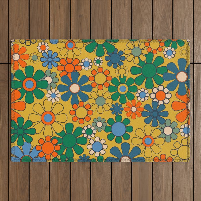 Retro Garden Flowers Groovy 60s 70s Multicolor Floral Pattern on Mustard Outdoor Rug Gallery Image 1