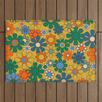 Retro Garden Flowers Groovy 60s 70s Multicolor Floral Pattern on Mustard Outdoor Rug Gallery Image 1