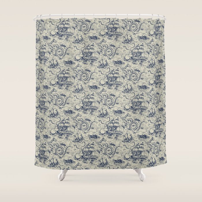 Mythical Sea Creatures Toile de Jouy Shower Curtain Gallery Image 1