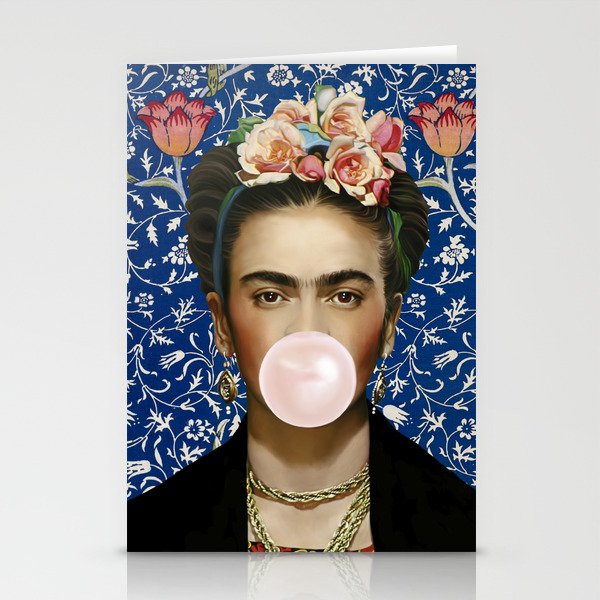 Woman  Blowing a pink Bubble gum with vintage Medway tapestry Stationery Card Gallery Image 1