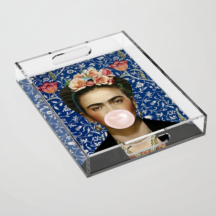Woman  Blowing a pink Bubble gum with vintage Medway tapestry Acrylic Tray Gallery Image 1