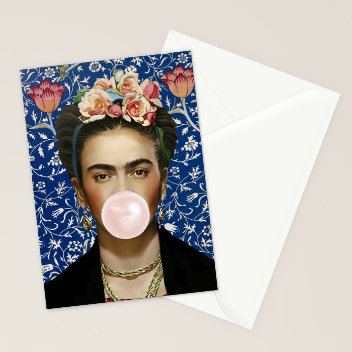Woman  Blowing a pink Bubble gum with vintage Medway tapestry Stationery Card Gallery Image 2