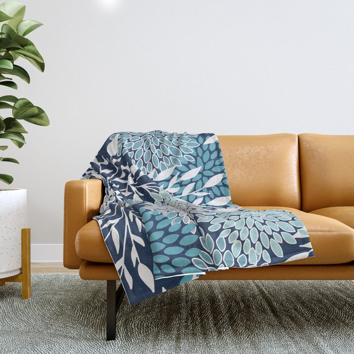 Garden Florals, Navy, Blue, Teal Throw Blanket Gallery Image 1