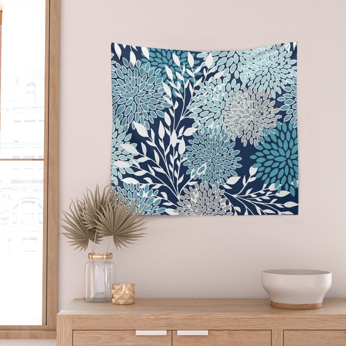 Garden Florals, Navy, Blue, Teal Wall Tapestry Gallery Image 2