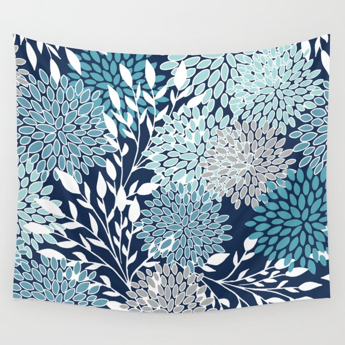 Garden Florals, Navy, Blue, Teal Wall Tapestry Gallery Image 1