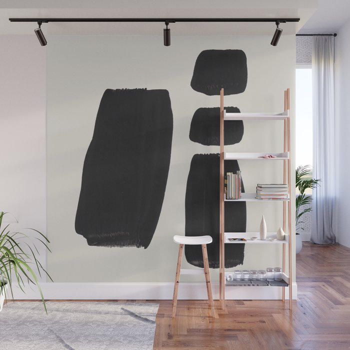 Mid Century Modern Minimalist Abstract Art Brush Strokes Black & White Ink Art Square Shapes Wall Mural Gallery Image 1