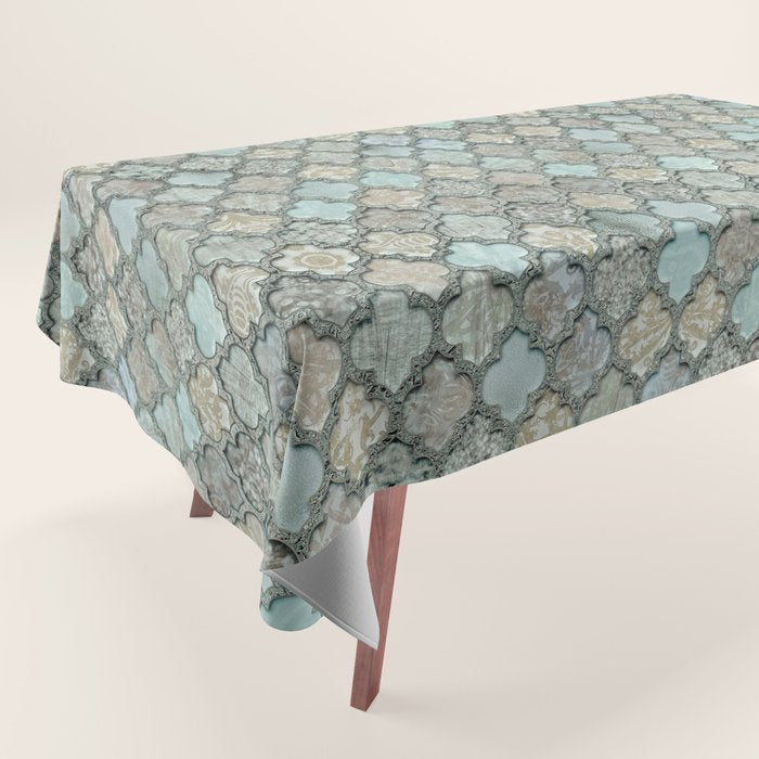 Old Moroccan Tiles Pattern Teal Beige Distressed Style Tablecloth Gallery Image 1