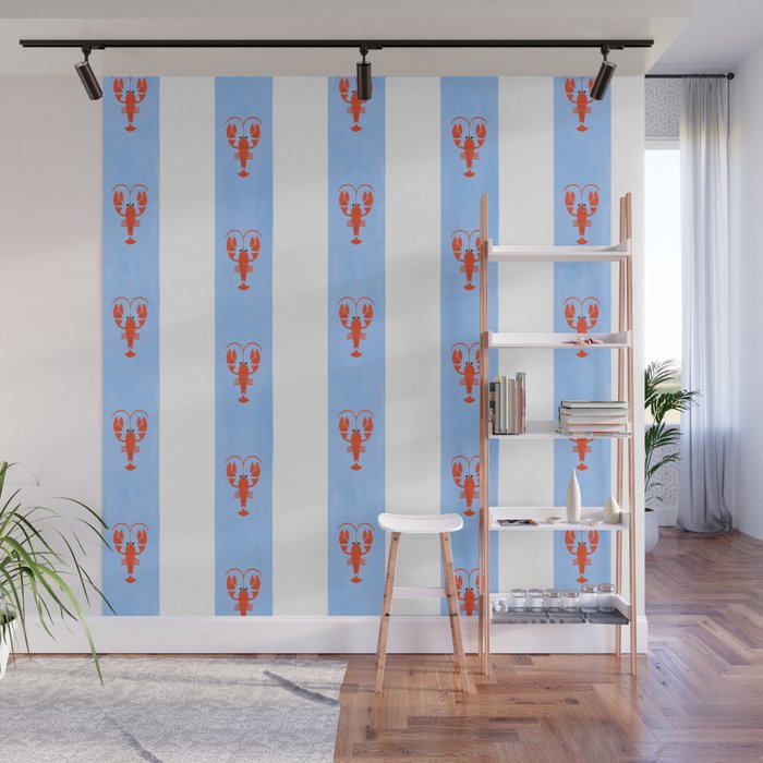 Red Lobsters On Hand-Painted Bright Blue Stripes Wall Mural Gallery Image 1