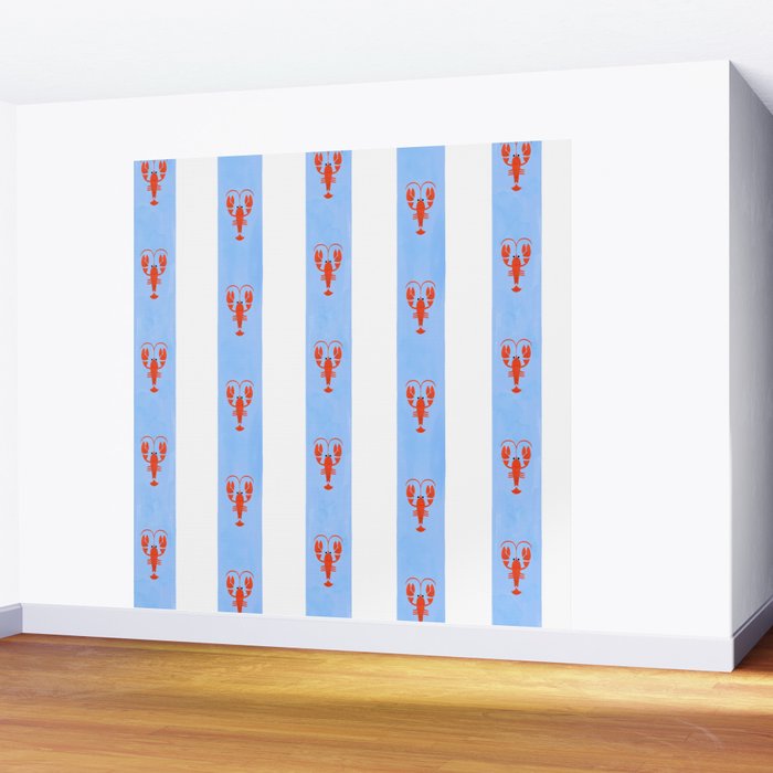 Red Lobsters On Hand-Painted Bright Blue Stripes Wall Mural Gallery Image 2