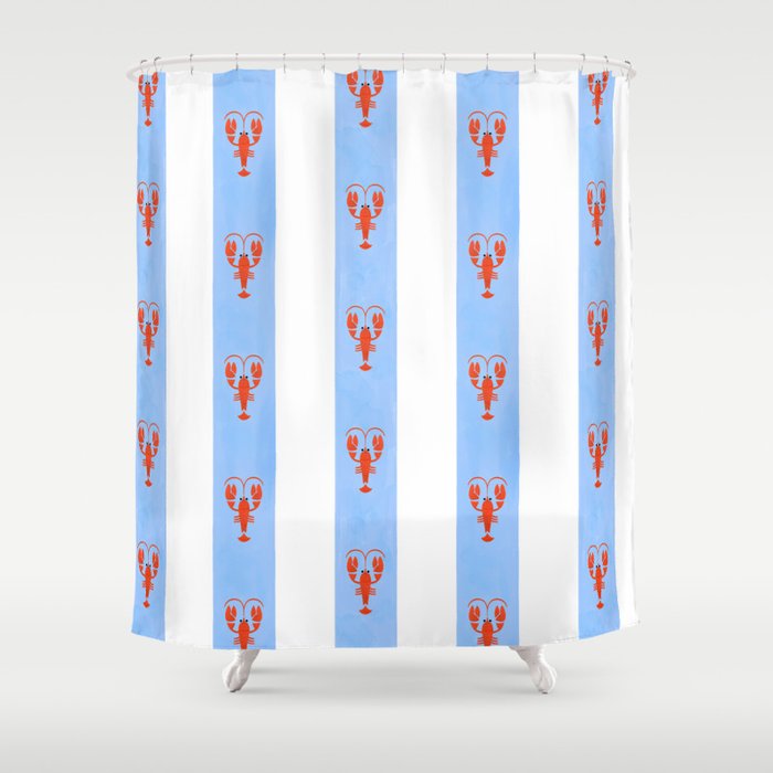 Red Lobsters On Hand-Painted Bright Blue Stripes Shower Curtain Gallery Image 1