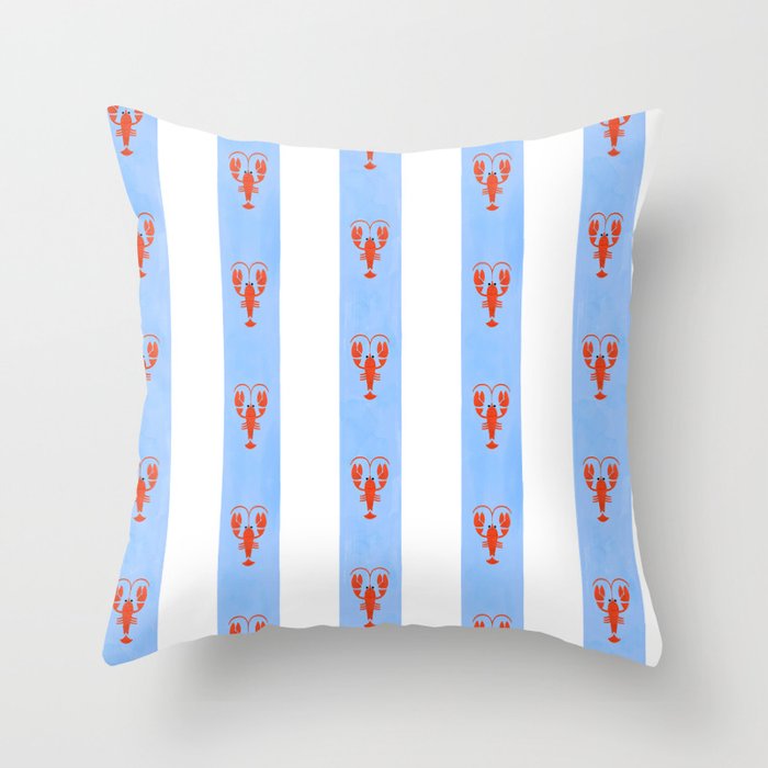 Red Lobsters On Hand-Painted Bright Blue Stripes Throw Pillow Gallery Image 1