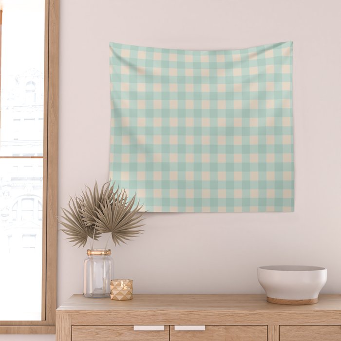 Retro Green Blue Gingham Wall Tapestry Gallery Image 2