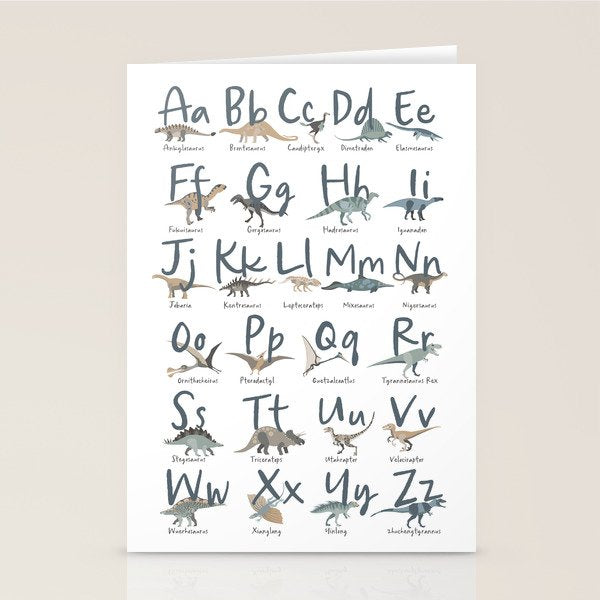 Dinosaur alphabet in muted shades of blue, grey and green Stationery Card Gallery Image 1