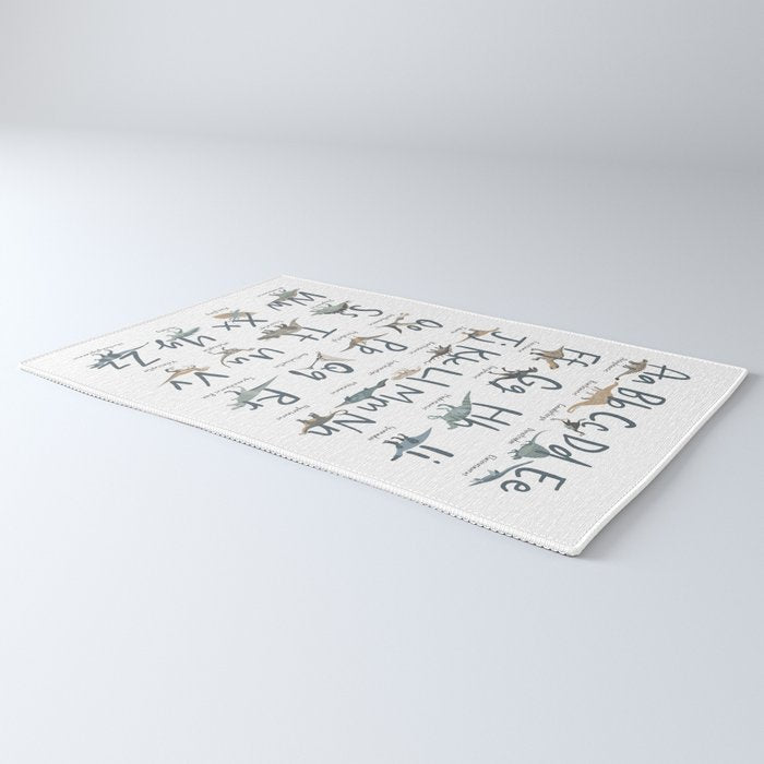 Dinosaur alphabet in muted shades of blue, grey and green Rug Gallery Image 3